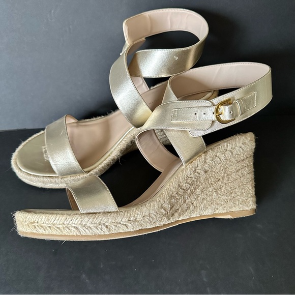 Stuart Weitzman Gold Metallic Lexia Espadrille Wedge Sandals Size 9 Like New - Picture 2 of 8